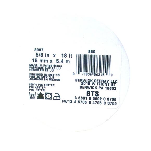 Berwick Offray Grosgrain Ribbon, Red, 18 Feet Long, 5/8 Inch Wide, Polyester - Picture 3 of 3